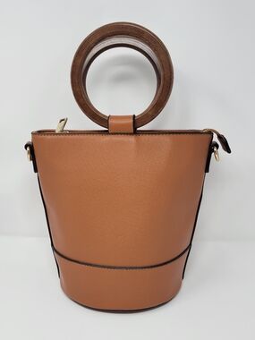 Wood Handle Bucket Bag Cognac Brown Faux Leather Boho Structured Purse